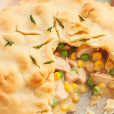 Delicious homemade chicken pot pie with flaky crust and creamy filling of chicken and vegetables.