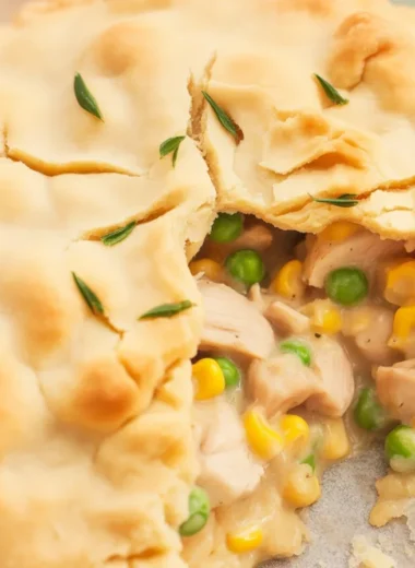 Delicious homemade chicken pot pie with flaky crust and creamy filling of chicken and vegetables.