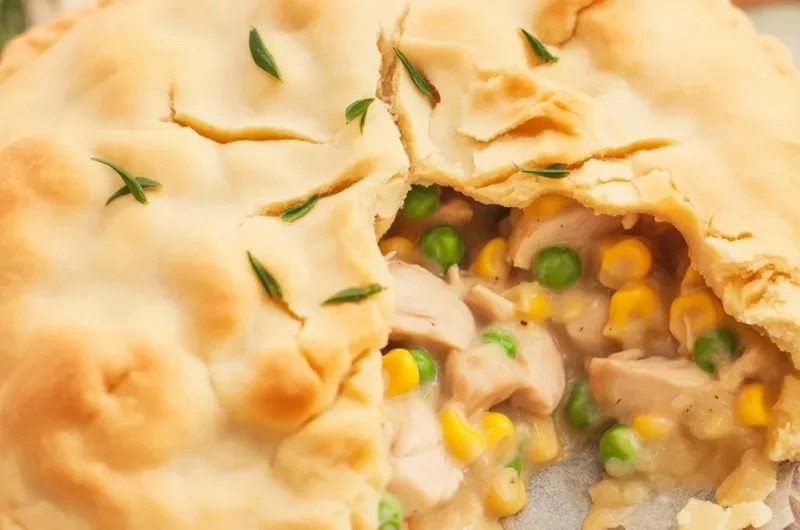 Delicious homemade chicken pot pie with flaky crust and creamy filling of chicken and vegetables.