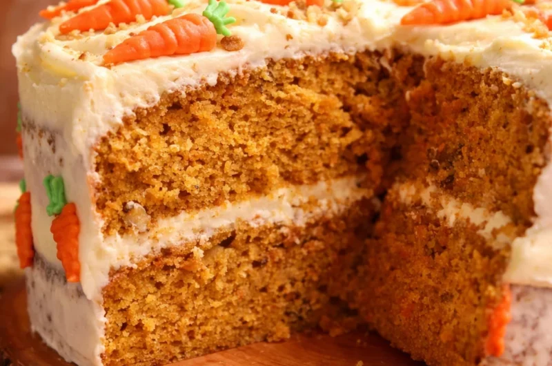 Moist Carrot Cake with Cream Cheese Frosting topped with walnuts and spices