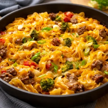 One-Pot Beef and Noodle Skillet with ground beef, egg noodles, and cheddar cheese.