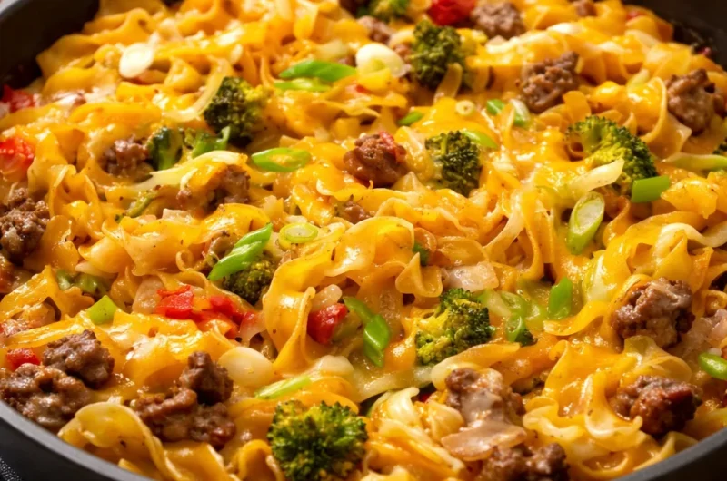 One-Pot Beef and Noodle Skillet with ground beef, egg noodles, and cheddar cheese.