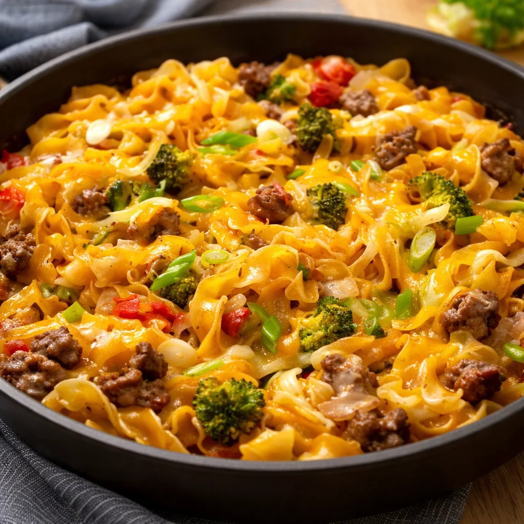 One-Pot Beef and Noodle Skillet with ground beef, egg noodles, and cheddar cheese.