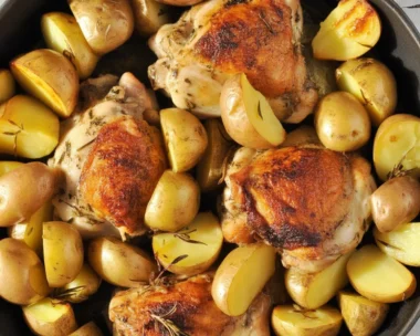 Delicious roasted chicken with herbs and potatoes served on a dinner plate.