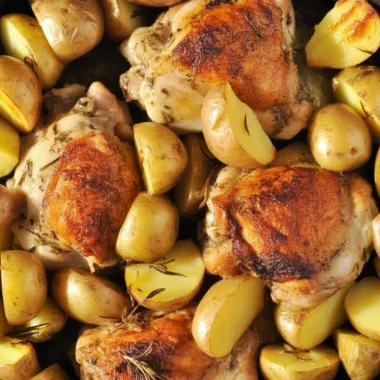 Delicious roasted chicken with herbs and potatoes served on a dinner plate.