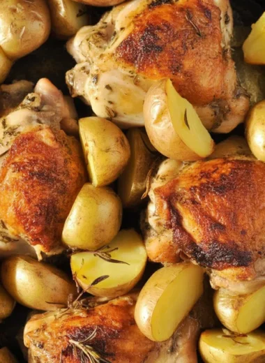 Delicious roasted chicken with herbs and potatoes served on a dinner plate.