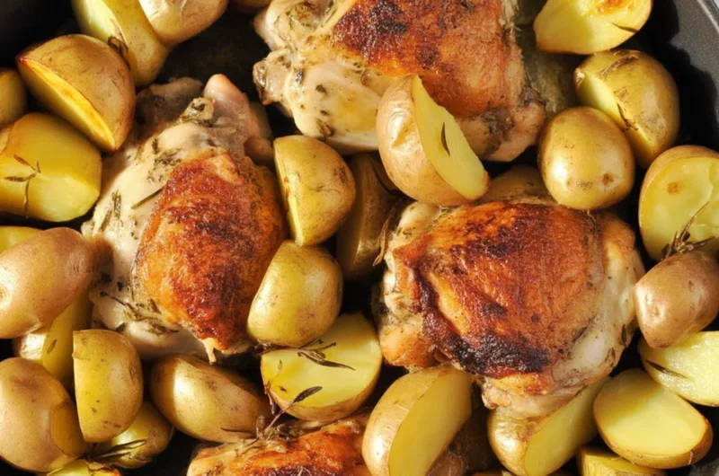 Delicious roasted chicken with herbs and potatoes served on a dinner plate.