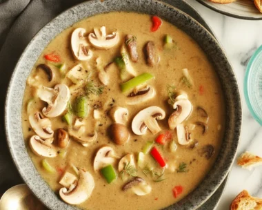 Bowl of creamy Chicken Mushroom Soup garnished with herbs and spices