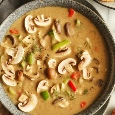 Hearty Chicken Mushroom Soup for Cozy Evenings 38 Bowl of creamy Chicken Mushroom Soup garnished with herbs and spices