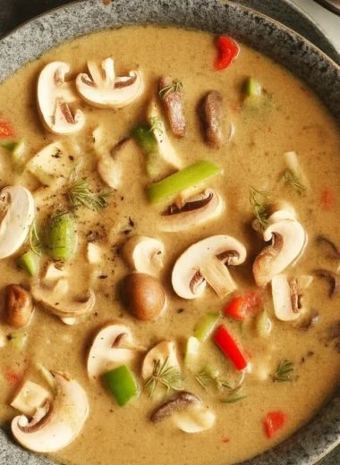 Bowl of creamy Chicken Mushroom Soup garnished with herbs and spices
