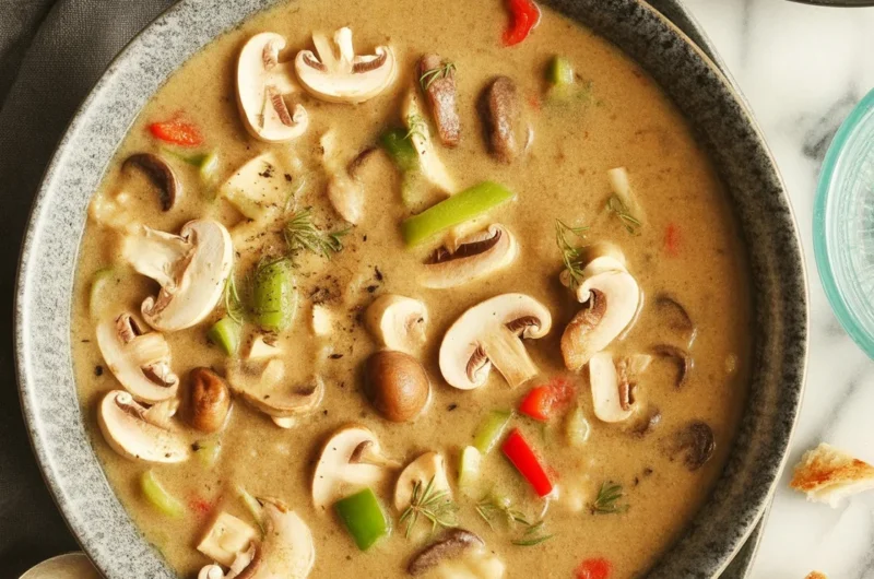 Bowl of creamy Chicken Mushroom Soup garnished with herbs and spices