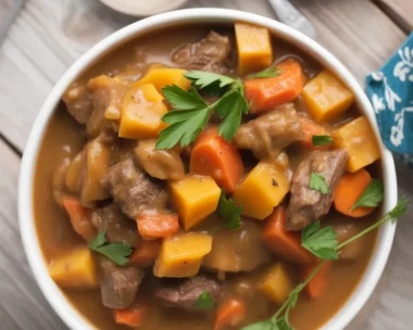 Classic Beef Stew with Root Vegetables served in a rustic bowl.