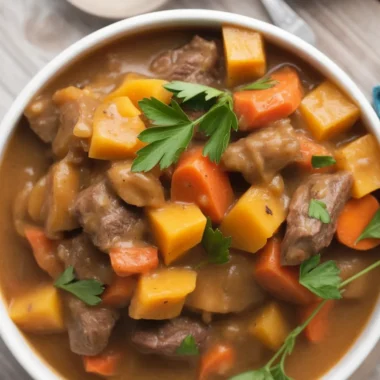 Hearty Classic Beef Stew with Root Vegetables for Cozy Nights 39 Classic Beef Stew with Root Vegetables served in a rustic bowl.