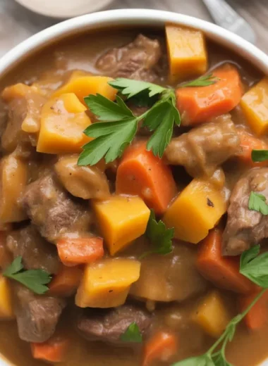 Classic Beef Stew with Root Vegetables served in a rustic bowl.