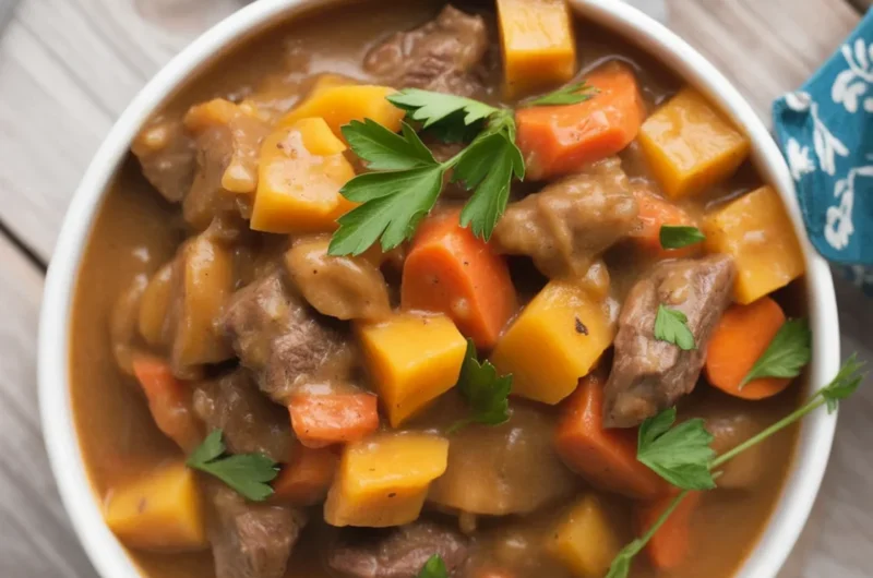 Classic Beef Stew with Root Vegetables served in a rustic bowl.