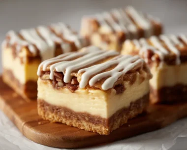 Decadent Cinnamon Roll Bliss Bars topped with vanilla glaze for a heavenly dessert.