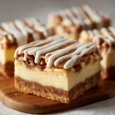Decadent Cinnamon Roll Bliss Bars topped with vanilla glaze for a heavenly dessert.
