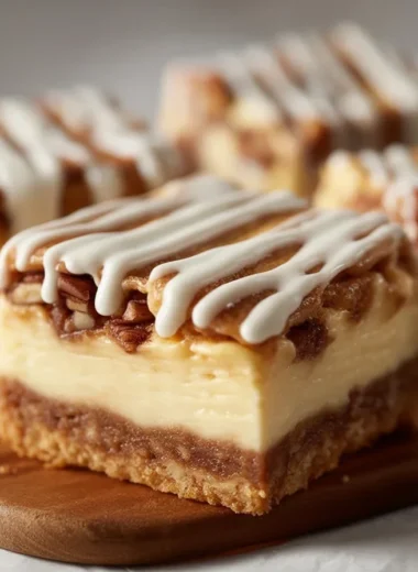 Decadent Cinnamon Roll Bliss Bars topped with vanilla glaze for a heavenly dessert.