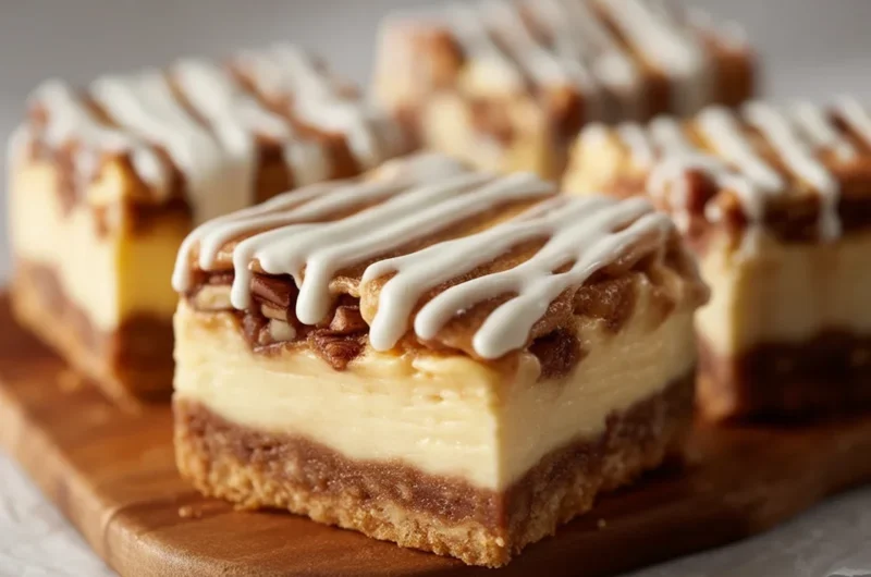 Decadent Cinnamon Roll Bliss Bars topped with vanilla glaze for a heavenly dessert.