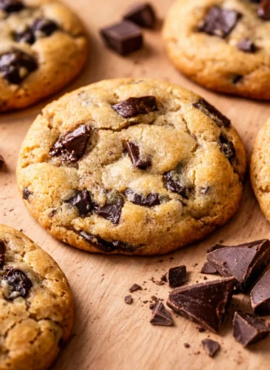 Batch of classic chocolate chip cookies with golden edges and gooey chocolate centers