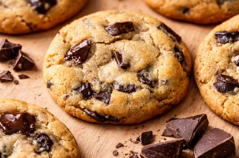 Batch of classic chocolate chip cookies with golden edges and gooey chocolate centers