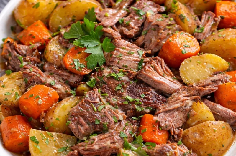 Delicious Slow Cooker Pot Roast with Potatoes, Carrots, and rich beef broth served on platter.