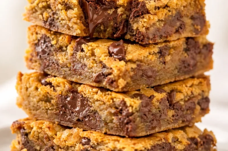 Delicious Peanut Butter Chocolate Chip Bars stacked on a plate