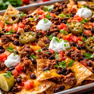 A plate of loaded nachos with ground beef, cheese, and vibrant toppings.