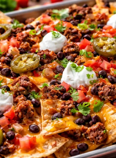 A plate of loaded nachos with ground beef, cheese, and vibrant toppings.