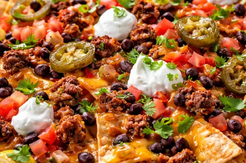 A plate of loaded nachos with ground beef, cheese, and vibrant toppings.
