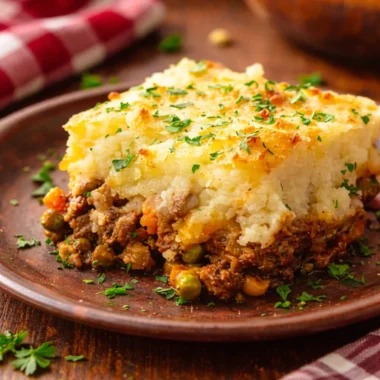 Classic Shepherd's Pie with ground beef, mashed potatoes, carrots, and peas.