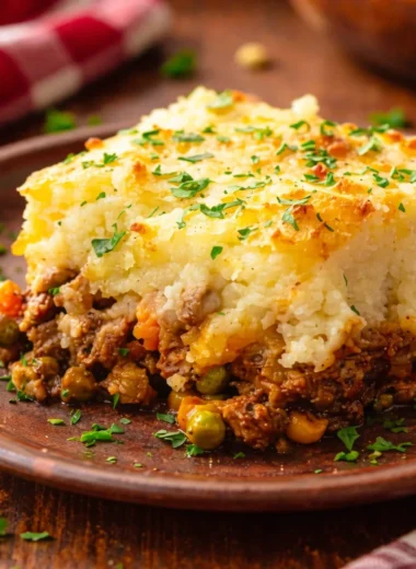 Classic Shepherd's Pie with ground beef, mashed potatoes, carrots, and peas.