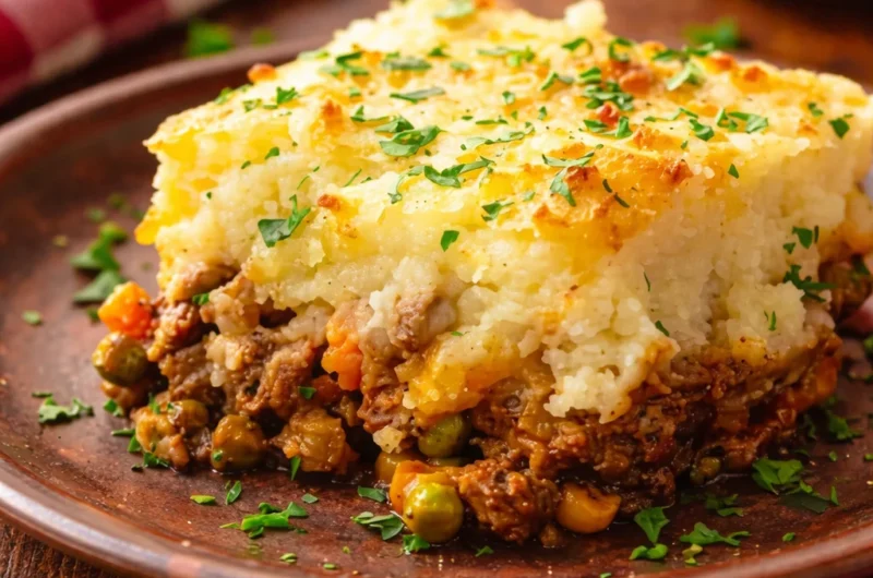 Classic Shepherd's Pie with ground beef, mashed potatoes, carrots, and peas.