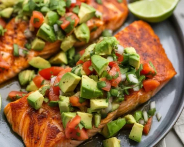 Baked Cajun salmon topped with creamy avocado lime sauce on a plate.