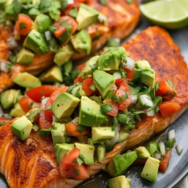 Savory Baked Cajun Salmon with Creamy Avocado Lime Sauce 38 Baked Cajun salmon topped with creamy avocado lime sauce on a plate.