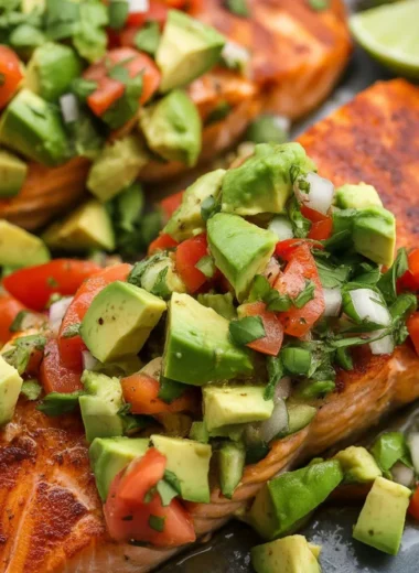 Baked Cajun salmon topped with creamy avocado lime sauce on a plate.