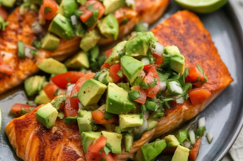 Baked Cajun salmon topped with creamy avocado lime sauce on a plate.