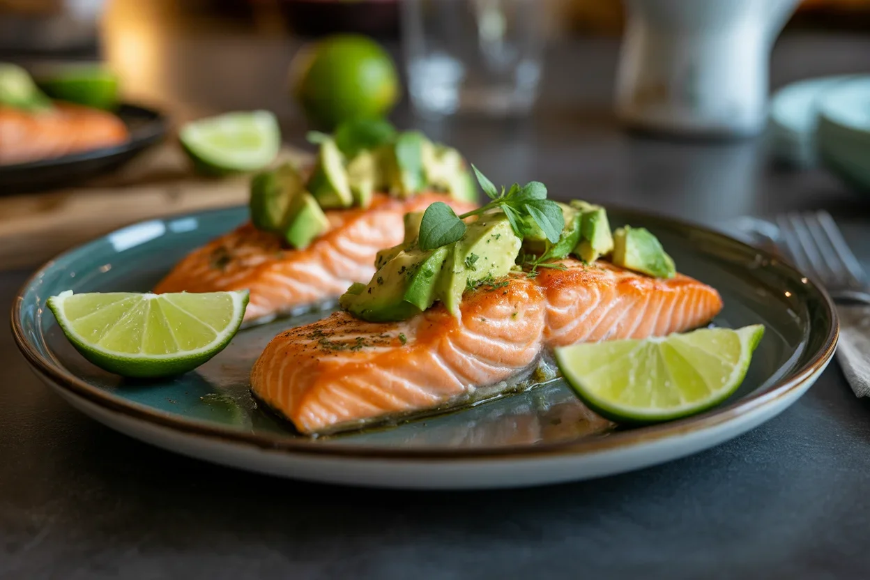 Baked Cajun Salmon with Avocado Lime Sauce