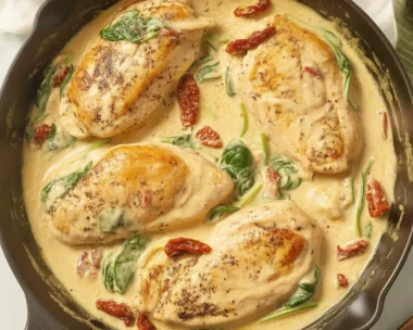 Delicious One-Pot Creamy Tuscan Chicken with sun-dried tomatoes and spinach.