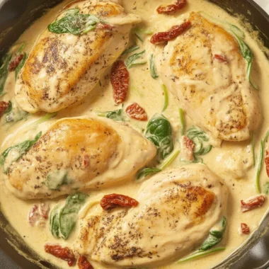 Delicious One-Pot Creamy Tuscan Chicken with sun-dried tomatoes and spinach.