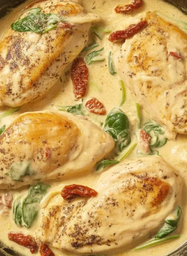 Delicious One-Pot Creamy Tuscan Chicken with sun-dried tomatoes and spinach.
