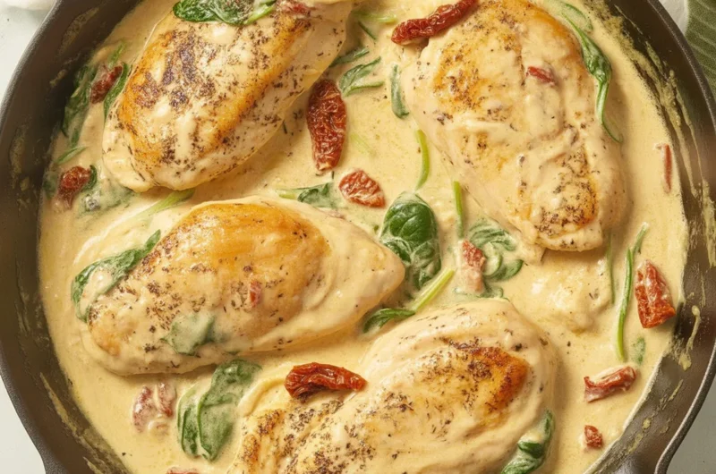 Delicious One-Pot Creamy Tuscan Chicken with sun-dried tomatoes and spinach.