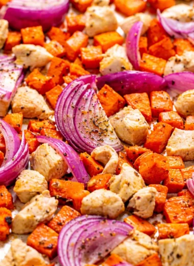 Delicious sheet pan chicken and sweet potatoes dinner ready in 30 minutes.