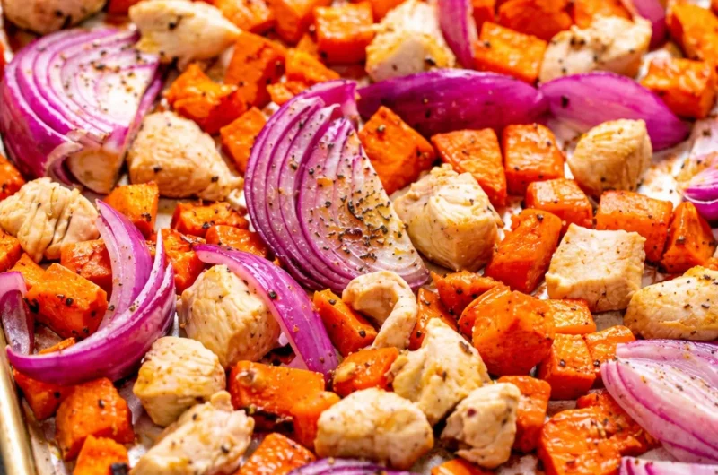 Delicious sheet pan chicken and sweet potatoes dinner ready in 30 minutes.