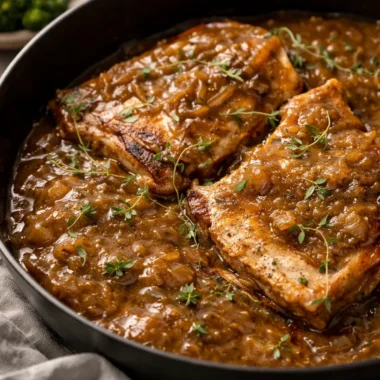 Smothered Pork Chops with Gravy served with creamy mashed potatoes