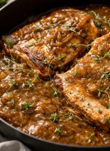 Smothered Pork Chops with Gravy served with creamy mashed potatoes