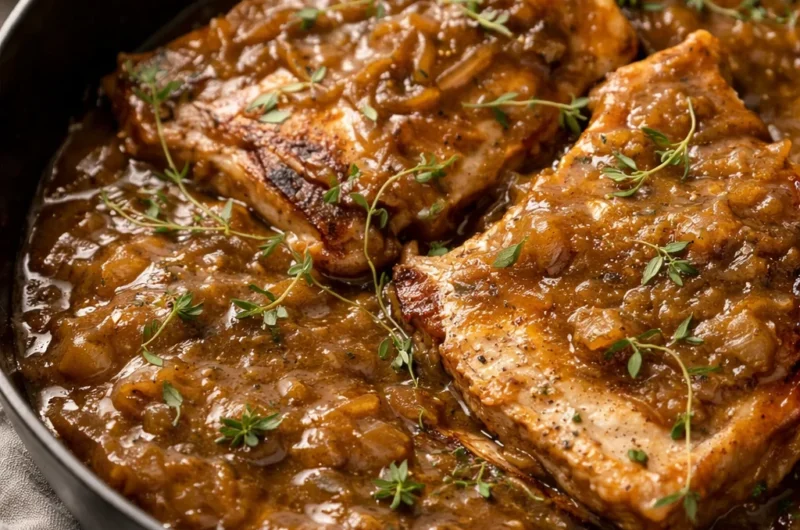 Smothered Pork Chops with Gravy served with creamy mashed potatoes