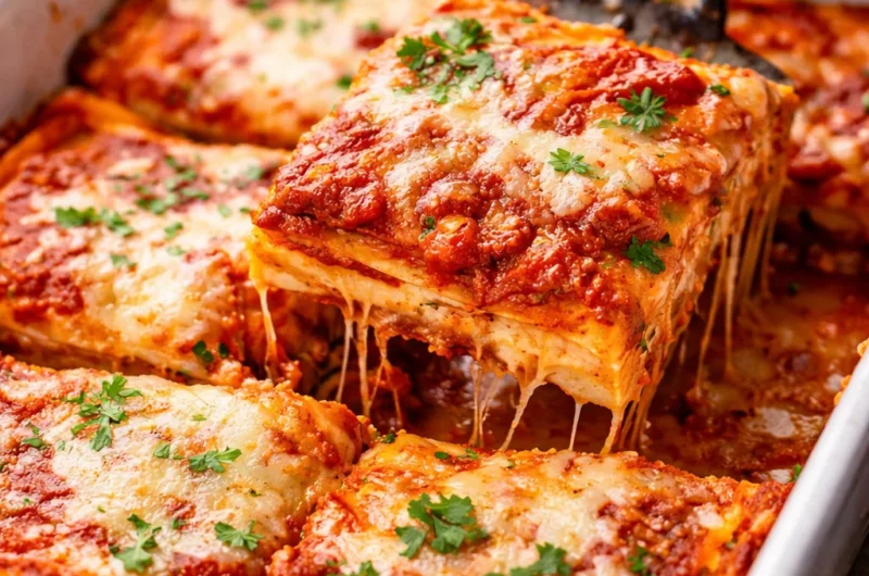 Delicious homemade lasagna layered with pasta, marinara sauce, ricotta, and mozzarella.