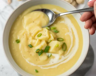 A warm bowl of Cozy Potato Leek Soup garnished with chives and served with bread.