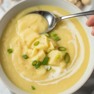 A warm bowl of Cozy Potato Leek Soup garnished with chives and served with bread.